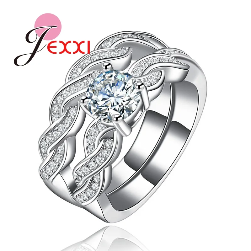 JEXXI Luxury Wedding Jewelry 925 Sterling Silver Stackable font b Ring b font Set AAA Zircon