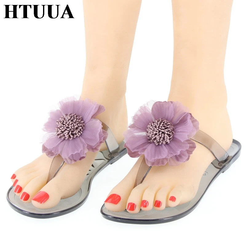 

HTUUA 5 Color Fashion Flowers Flip Flops Women Slippers Summer Sandals Woman Flat Slides Boho Casual Beach Jelly Shoes SX2178