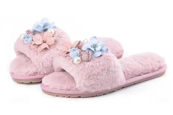 hot sale fur Home Slippers Cotton slippers Winter Woman Slip on Flats Female plush Flops Faux Fur Warm Shoes Bow decor dd065