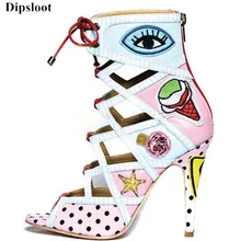 Dipsloot Мода Смешанные Цвет в горошек и Средства ухода для век принт модельные туфли на высоком каблуке Дамские сандалии-гладиаторы с открытым носом женские Кружево-Up Обувь