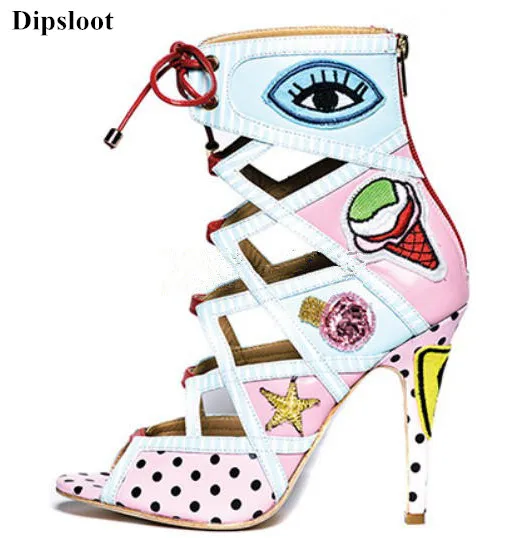 Dipsloot 2018 Fashion Mixed Color Dot&Eyes Print High Heels Dress Shoes Woman Peep Toe Gladiator Sandals Female Lace-up Shoes Dipsloot 2018 Fashion Mixed Color Dot&Eyes Print High Heels Dress Shoes Woman Peep Toe Gladiator Sandals Female Lace-up Shoes
