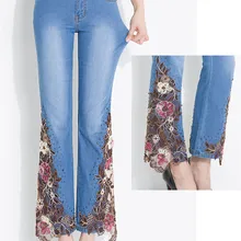 Весенние и осенние джинсы с цветочной вышивкой Женские Стрейчевые тонкие расклешенные брюки с высокой талией