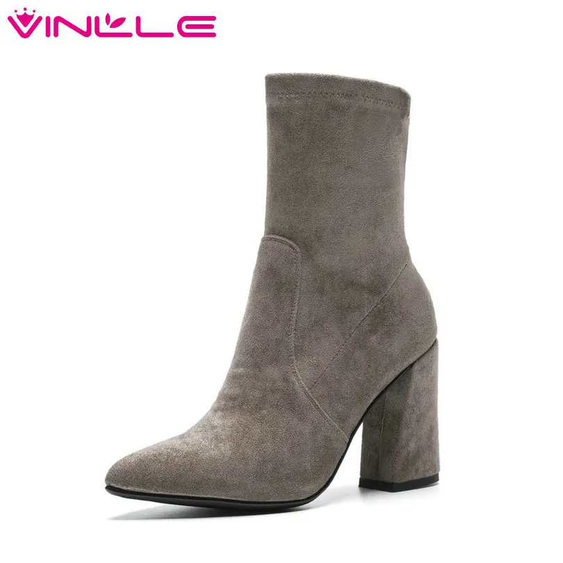 

VINLLE 2019 Shoes Woman Ankle Boots Hoof High Heel Flock+PU Leather Black Gray Pointed Toe Ladies Motorcycle Boots Size 34-43