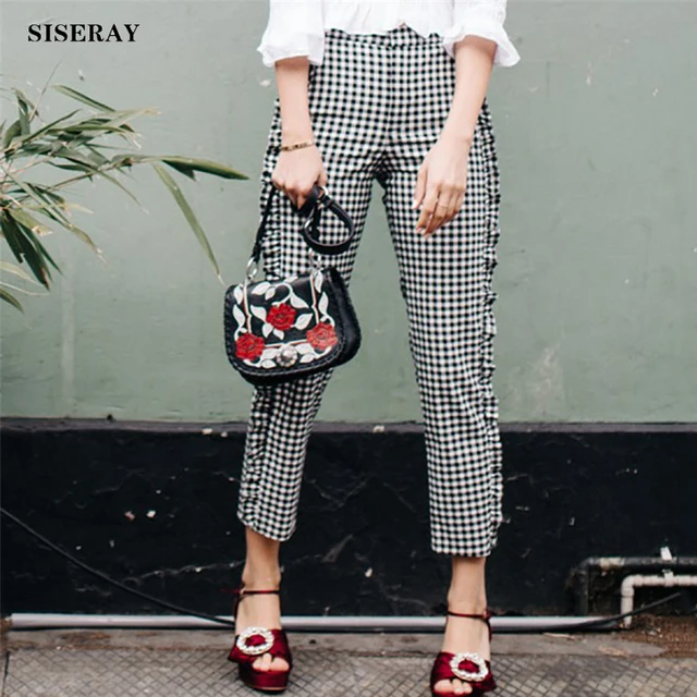 Autumn England Black White Checkerboard Pants Woman Cotton Capri Frill