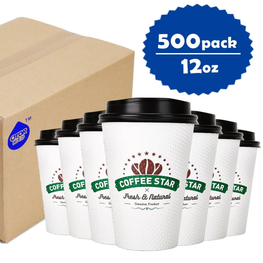 

500pcs 8oz 12oz Free Shipping Disposable Paper Cup Coffee with Cover for Hot Drink Milk Tea Thickened Corrugated Double-wall