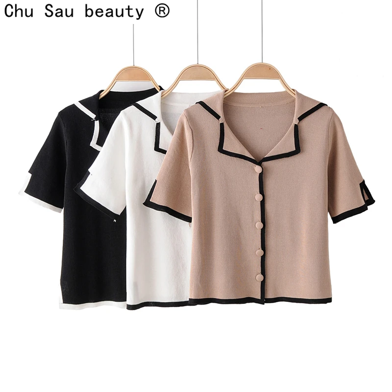 

Chu Sau beauty Casual Style Vintage Single Breasted Short Sweaters Women Sweet Chic Colour Patchwork Tops Vestidos De Mode