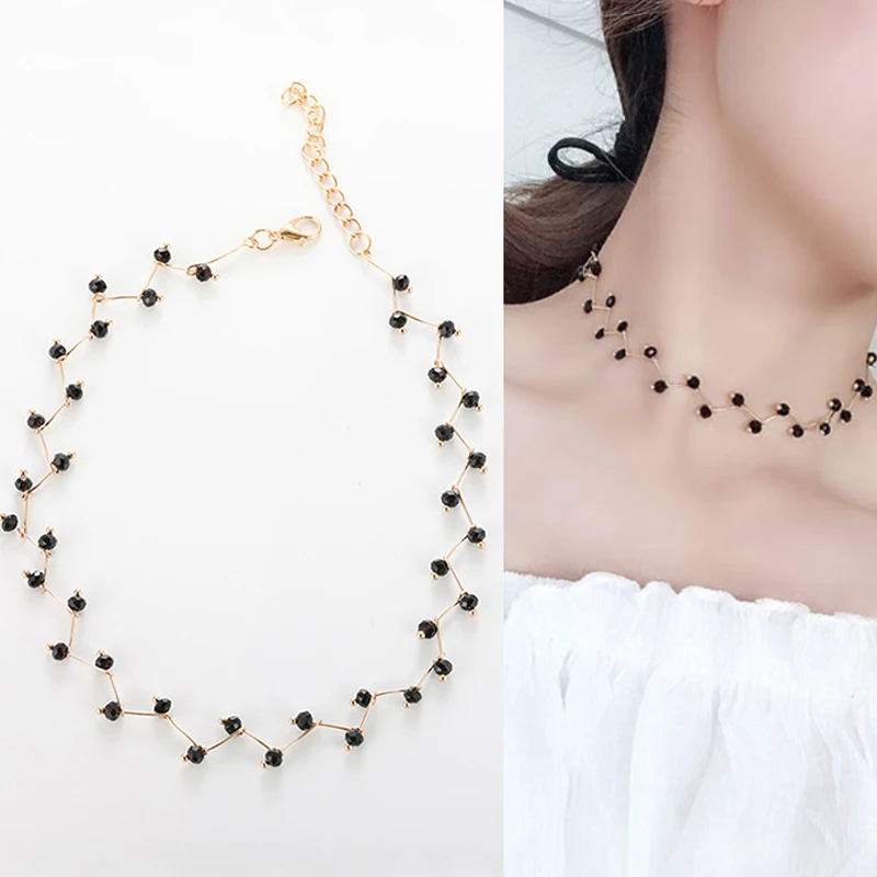 

Korean Simple Black Rhinestones Crystal Short Clavicle Necklace Chains For Woman Tree Branch Shaped Pure Color Necklaces XL005