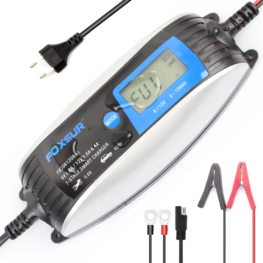 FOXSUR 6V 12V 7-stage Motorcycle Car Battery Charger Winter mode & waterproof AGM GEL Battery Charger with SAE Connector