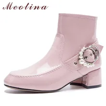 Meotina Autumn Ankle Boots Women Boots Patent Leather Zip Thick Heel Short Boots Pearl Buckle Square Toe Shoes Lady Winter 33-40 цена Meotina Autumn Ankle Boots Women Boots Patent Leather Zip Thick Heel Short Boots Pearl Buckle Square Toe Shoes Lady Winter 33-40 цены онлайн