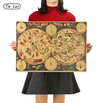 

TIE LER Vintage Style Retro Kraft Paper Poster Gifts Ancient Zodiac Constellation Map Poster Wall Sticker 51.5X36cm