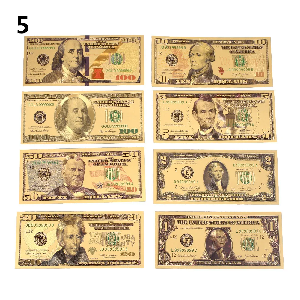 

8pcs 24K Gold Plated Dollars Commemorative Notes Fake Money Gold Antique Collection 1 2 5 10 20 50 100 Dollar