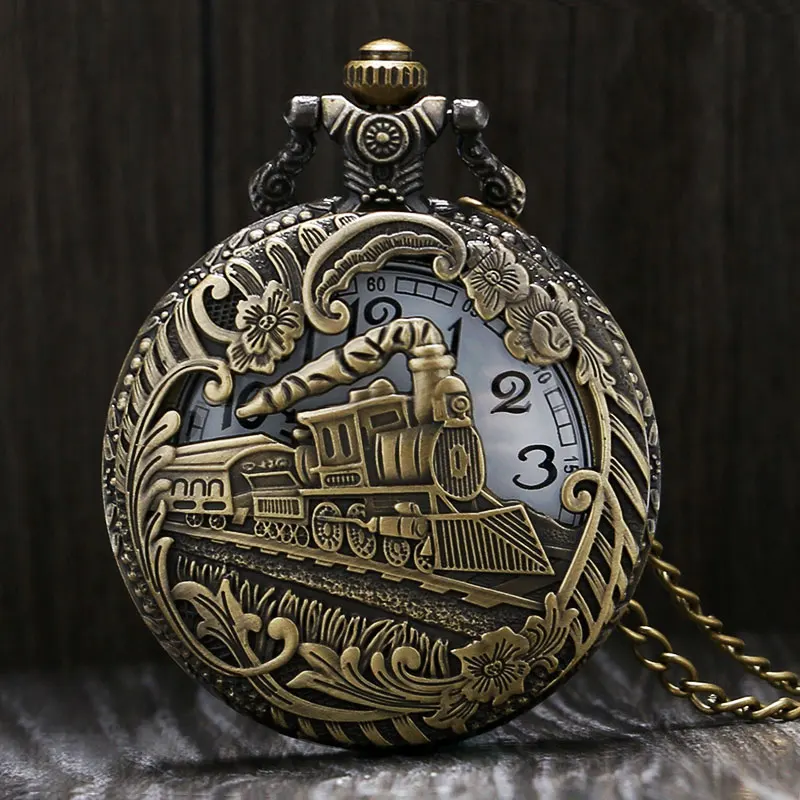 Retro Hollow Steam Train Front Locomotive Pattern Pocket Watch Bronze Pendant Quartz FOB Men Women Chain Necklace Top Gifts 2018 (2)