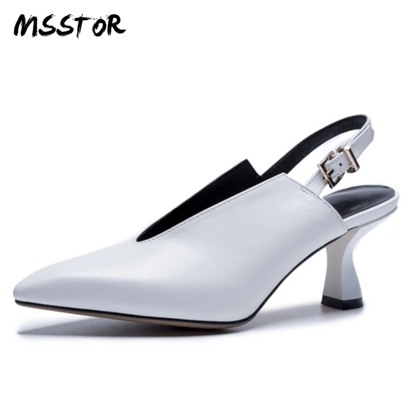 

MSSTOR Black White Shoes Women High Heel Fashion Elegant Pointed Toe Pumps Strange Style Genuine Leather Woman Shoes 2018 Spring