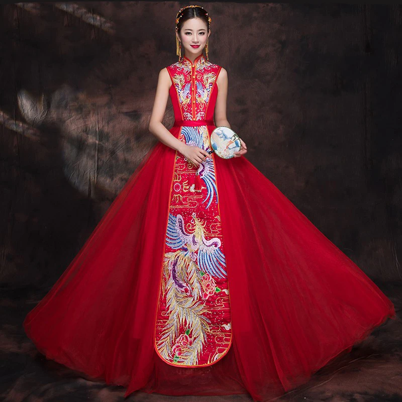 

Summer Open-back Bride Wedding Party Cheongsam Sexy Modern Marriage Dress Oriental Style Chinese Red Qipao Vestidos