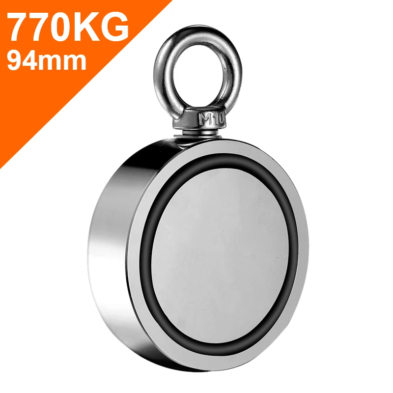 Online Double Sided Al Neodimio Da Pesca Magneti, 94 Millimetri di Diametro, Combinato 1696Lbs (770Kg) forza di trazione Magnete in Terre Rare Magnete Con Eyeb