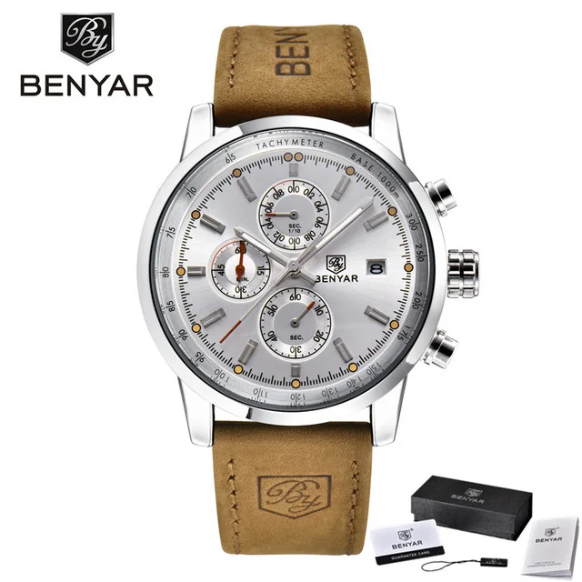 Мужские часы BENYAR, модный бренд, спортивные кварцевые часы, кожаный Хронограф, водонепроницаемые часы, военные мужские часы horloges mannen - Цвет: Золотой