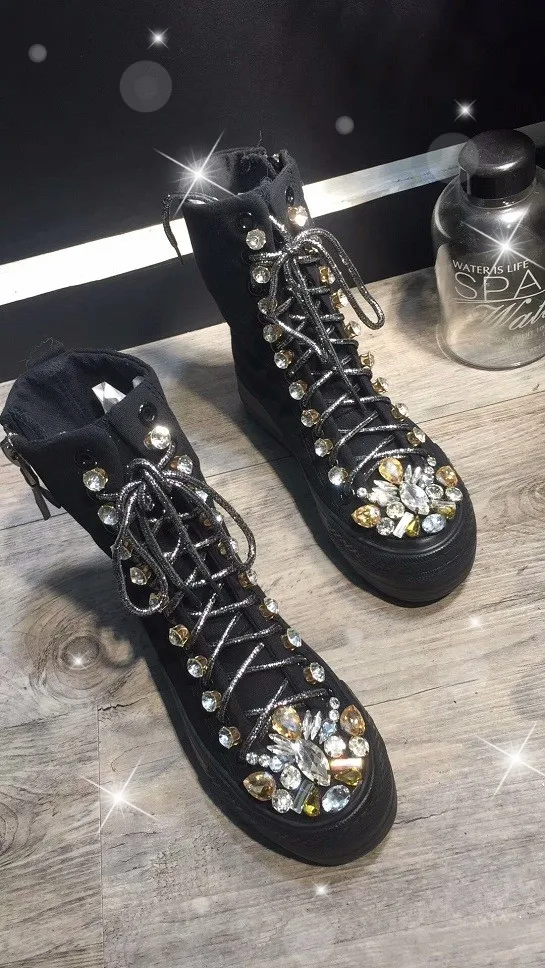 Кроссовки со стразами; женские черные ботинки с кристаллами; Роскошная Повседневная парусиновая обувь; Прямая поставка; женская