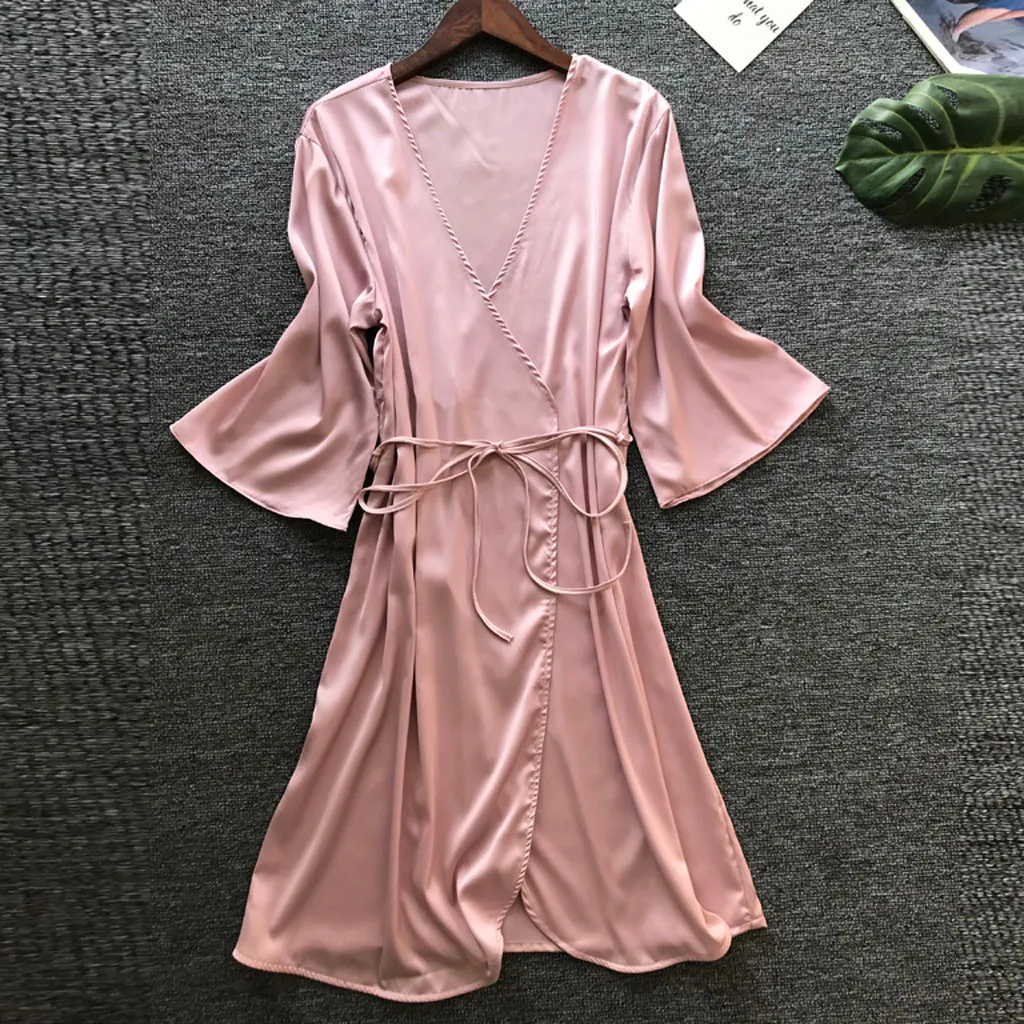 Женское ночное белье модная ночная рубашка комплект халат Babydoll Пояс Нижнее белье сексуальная ночная рубашка однотонная одежда для сна эротическая атласная пижама