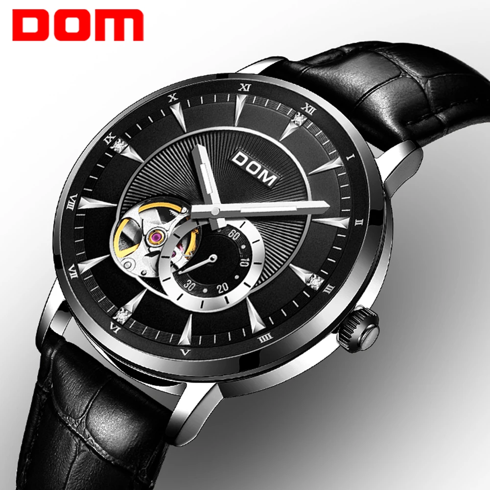 

Luxury DOM Watch Men Mechanical Watch Big Dial Leather Band Montre Homme Luminous Hands Hollow Automatic Wristwatch Relojes Gift