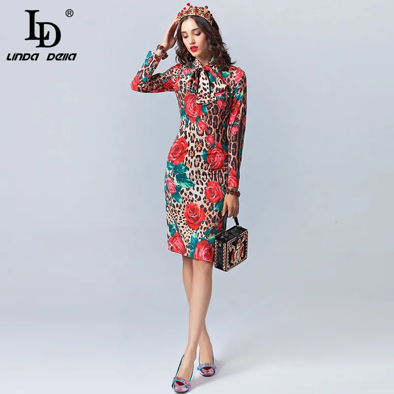 Cena LD LINDA DELLA Fashion Designer jesienna sukienka damska z długim rękawem kokarda kołnierz seksowny nadruk wzór lamparta róża kwiatowy elegancka sukienka 2019