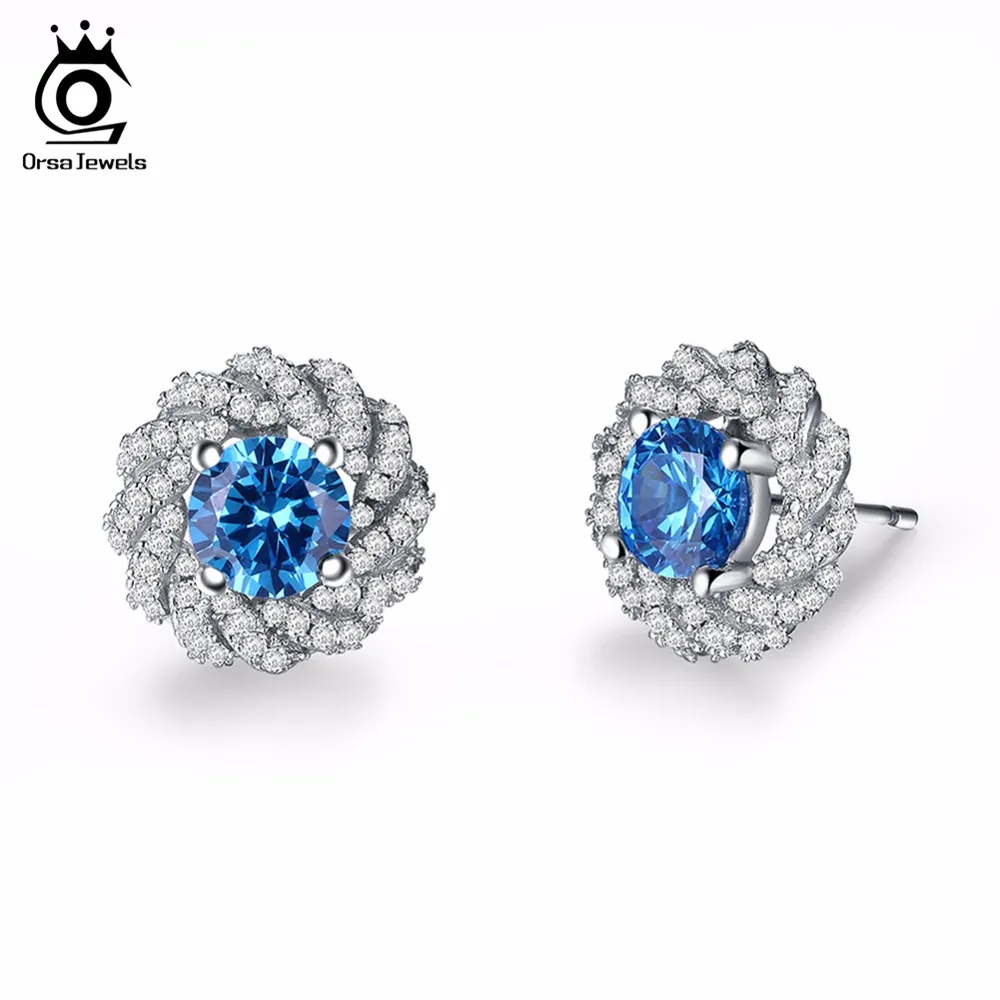 ORSA JEWELS, серьги-гвоздики из нежного голубого циркония, прозрачный кубический цирконий AAA, милые серьги с цветами для женщин, модное ювелирное изделие AOE151