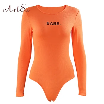 

ArtSu Letter Printed Long Sleeve Slim Sexy Bodysuit Pullover Fitness Jumpsuit Rompers Autumn Black Bodysuits Overalls ASJU20160
