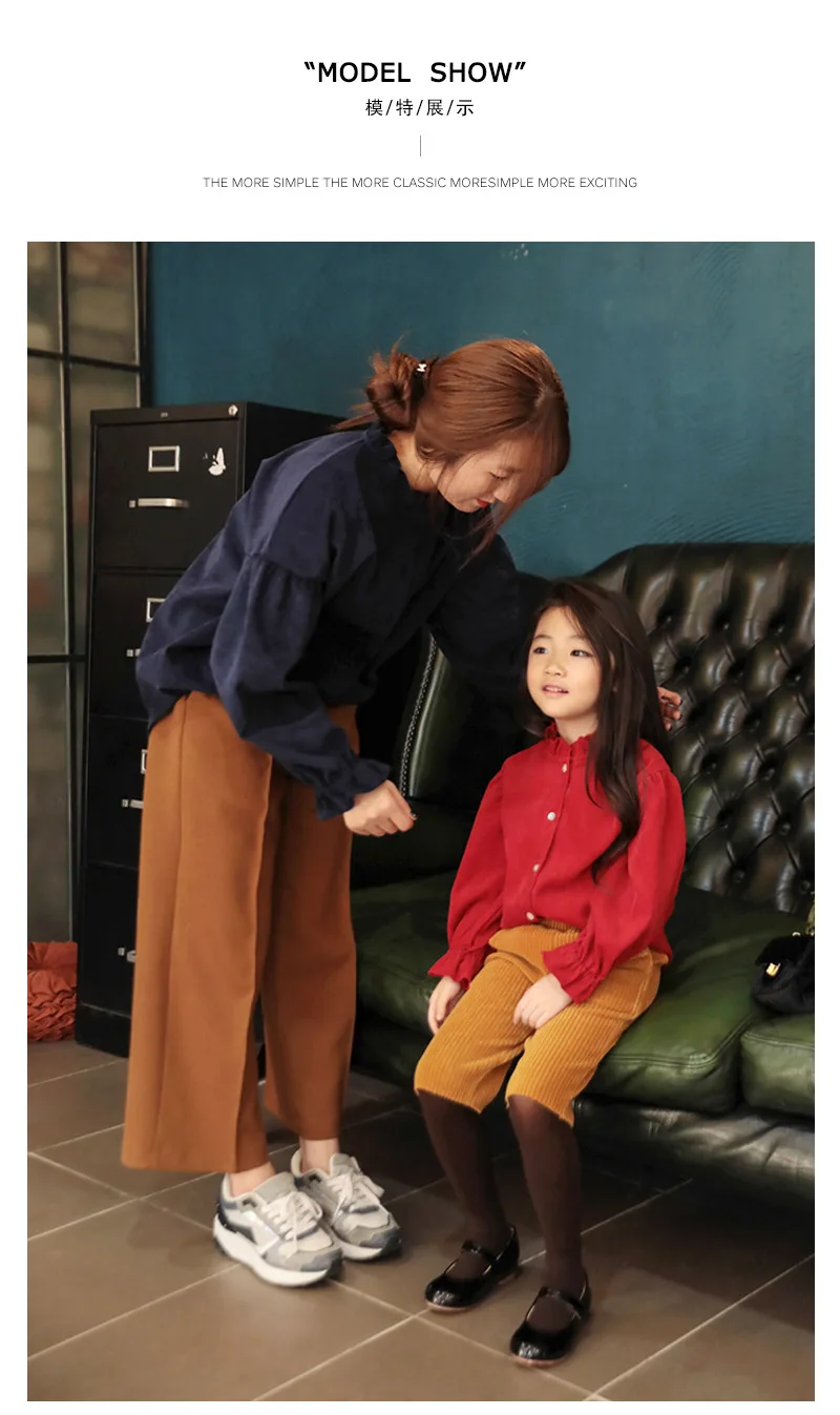 Блузки вельветовые рубашки с длинными рукавами для мамы и дочки Одинаковая одежда для семьи; цвет красный, темно-синий; Одежда для девочек и родителей; одежда для детей 4-14 лет