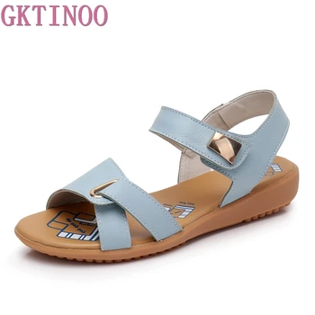 

GKTINOO Genuine Leather Women Flat Sandals Plus Size 34-43 New Fashion Casual Solid Buckle Strap Woman Shoes Summer Footwear