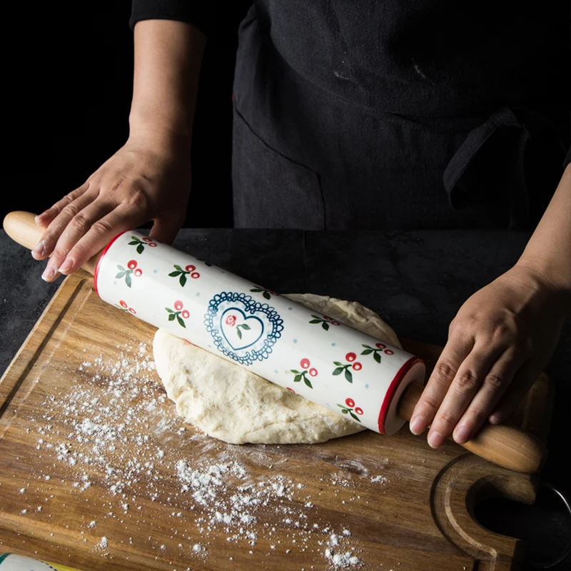 

1pc Ceramic Rolling Pins Pasta Roller Noodle Dumpling Tool with Bamboo Handle Pasta Bakeware 47cm/18.5 inch