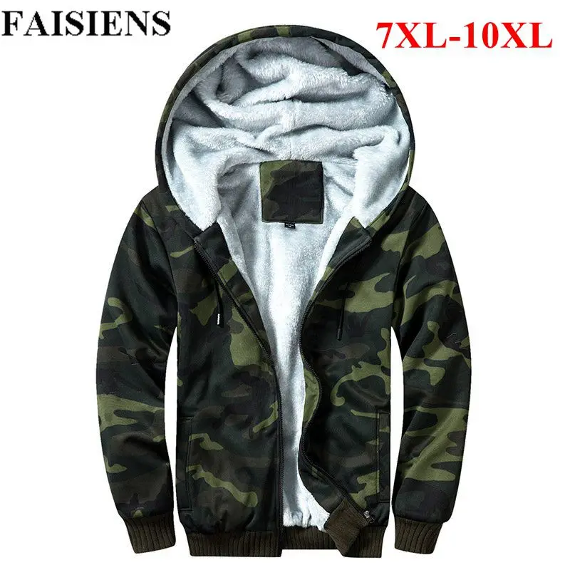 Billige FAISIENS Fleece Verdicken Mann Jacken Große Größe 9XL 10XL Camouflage Mit Kapuze Plus Größe 7XL 8XL Armee Grün Winter Warme Herren jacken