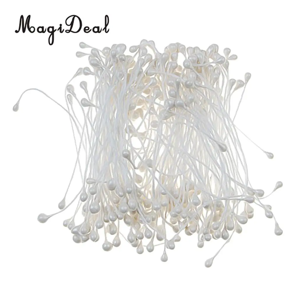 MagiDeal 150 Pieces Pearl Double Tip Floral Stamens Pearlized Double Head with Stem Gift wrapping Decoration - White