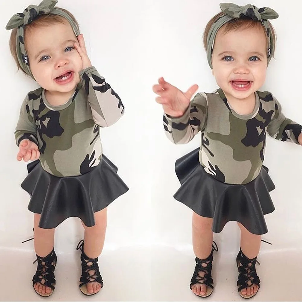 

Long Sleeve Girls Dress Autumn Camouflage PU Leather Dress Girls Casual Long Sleeve Cotton Dress Baby Clothes Vestido D0553