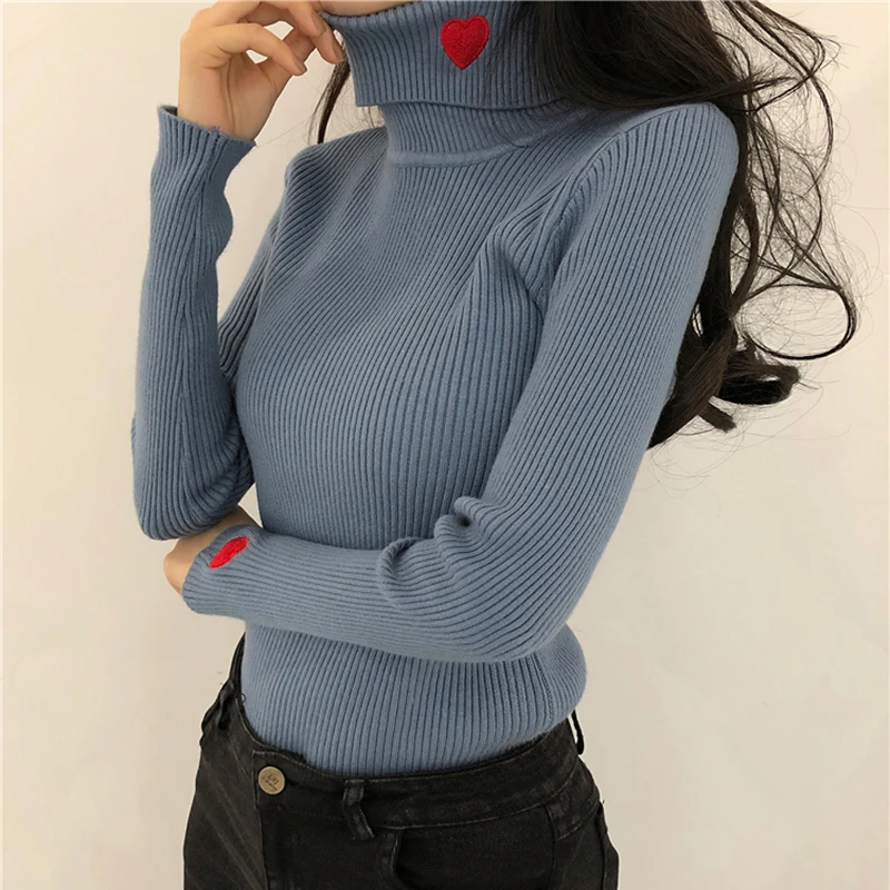 OllyMurs Autumn Winter Women Turtleneck Knitting Sweaters Elastic Slim Bodycon Sweater Heart Embroidery Ladies Warm Top Knitwear