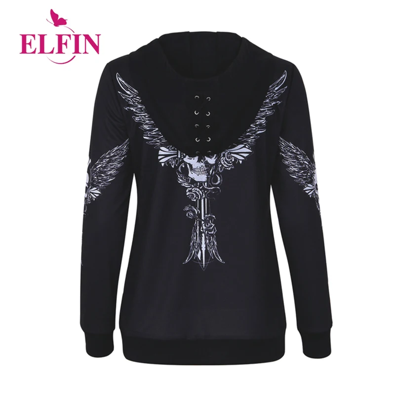  Hoodies Sweatshirt Women Angel Wing Skull Print Zip Up Hoodie Punk Casual Lace Up Hooded Pullover T