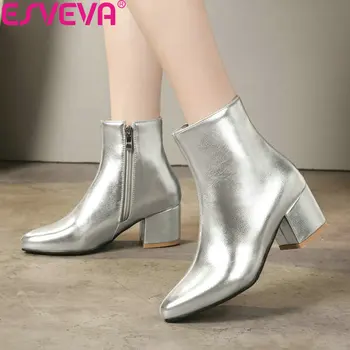

ESVEVA 2020 Women Shoes PU Square High Heels Woman Pointed Toe Shoes Sewing Winter Boots Women Ankle Boots for Women Size 34-43