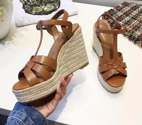 

Newest Style Women Brown White T-strap Peep Toe Wedge Sandals Summer Hollow Out Ankle Buckle Strap Platform Shoes Free Shipping