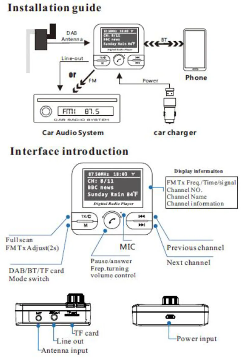 DAB цифровой DAB радио приемник DAB+ с Bluetooth fm-передатчик функция прикуривателя USB Launcher автомобильное зарядное устройство