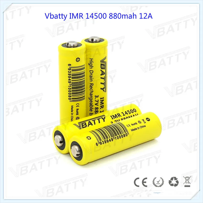 Vbatty IMR 14500 880mah Button top 12A battery Li-ion rechargeable high drain