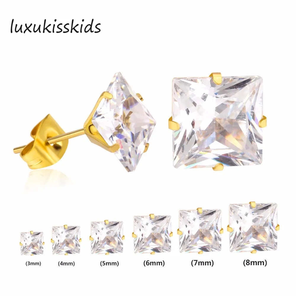 LUXUKISSKIDS, 3-10 мм, 10 пар/лот, Детские Прозрачные Серьги-гвоздики для женщин и мужчин, квадратные циркониевые серьги из нержавеющей стали, модные ювелирные изделия