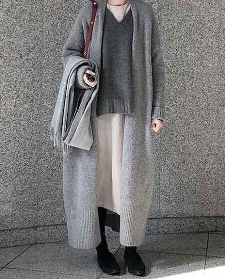 Женский зимний длинный вязаный кардиган, свитер, пальто с открытым стежком и круглым вырезом, элегантное винтажное Свободное пальто, плюс размер, Серое Женское пальто - Цвет: Серый