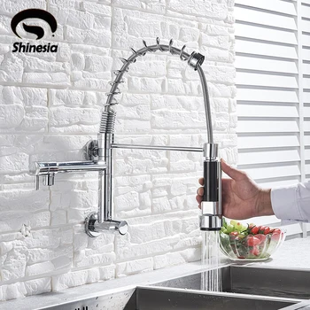 

New Chrome Polish Pull Down Spring Kitchen Faucet Swivel Dual Spout Vessel Kitchen Sink Mixer Tap Single Cold Mixer Wall Mounted