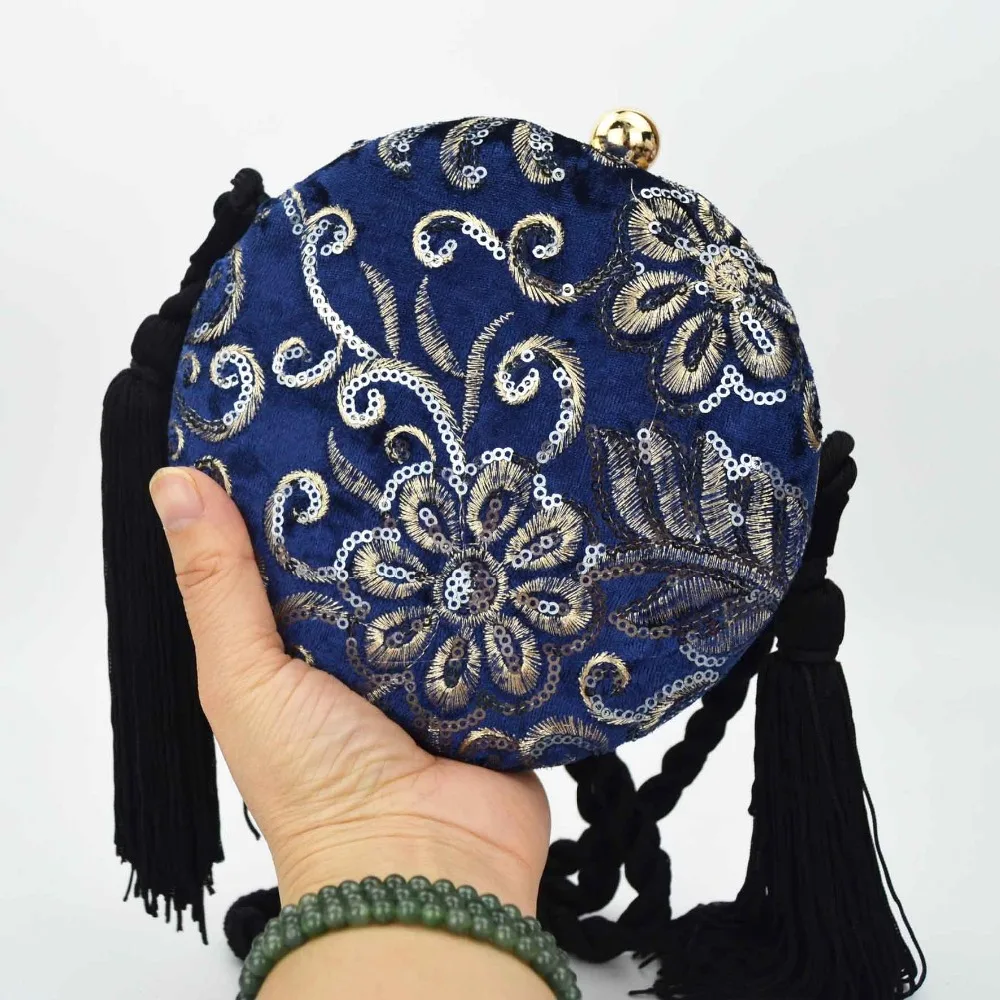 Blue flannelette Clutch Bag Embroidery sequins Round Evening Bag Black tassels Handbag Braids Boutique purse Crossbody Bags 24