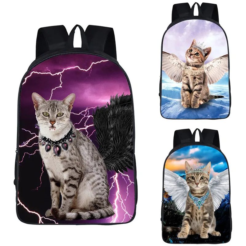 kawaii cat with black white angel wing backpack children school bags