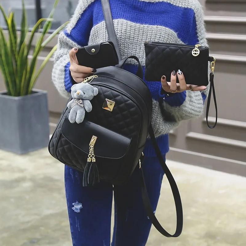 New Arrival 3pcsset Small Bear Pendant Girls Schoolbag PU Tassel Women Backpack Double Zipper Women Bag Vintage Backpack Bag (39)
