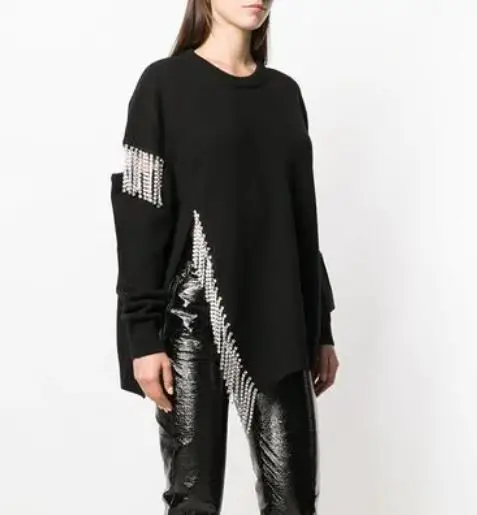De Tricoté Luxe Cristal Embellissements Chandail Beige Femmes Hiver Cut Vêtements Cristaux Jumper noir Out Swishy Pulls 2018 Femelle 5jRL43A