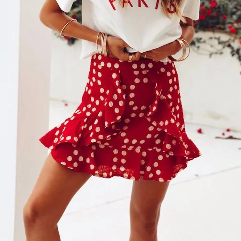 Suumer polka dot ruffle mini skirt women beach zipper high waist skirt