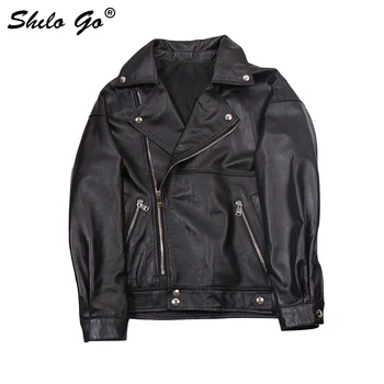 

Leather Coat Womens Autumn Fashion sheepskin genuine leather Jacket laple collar button zipper black locomotive jacket
