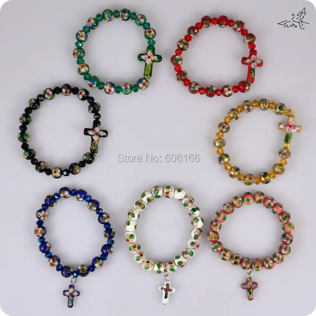 48pc/lot Cloisonne Rosary Beads Bracelets Sideways Cross Pendant
