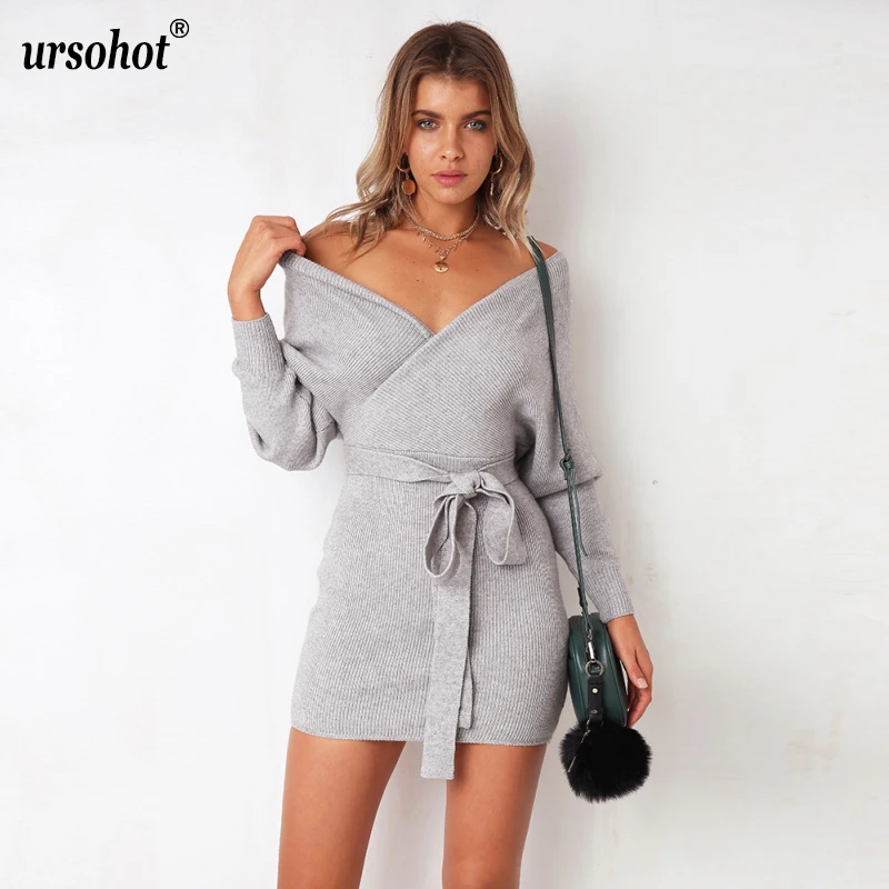 

Ursohot Autumn Winter Knitted Bodycon Dress Women Bandage Long Sleeve Vestidos V Neck Cross Warm Sweater Dress Casual Robe 2018