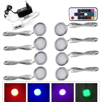 

8 RGB Color Changing LED Under Cabinet Puck Lights Kit RF Remote Dimmable for Home Kitchen Counter Furniture Decoration Lighting